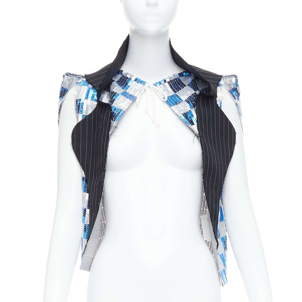 Comme Des Garcons Checkered Sequin Vest Blue Polyester Very good - Inside View