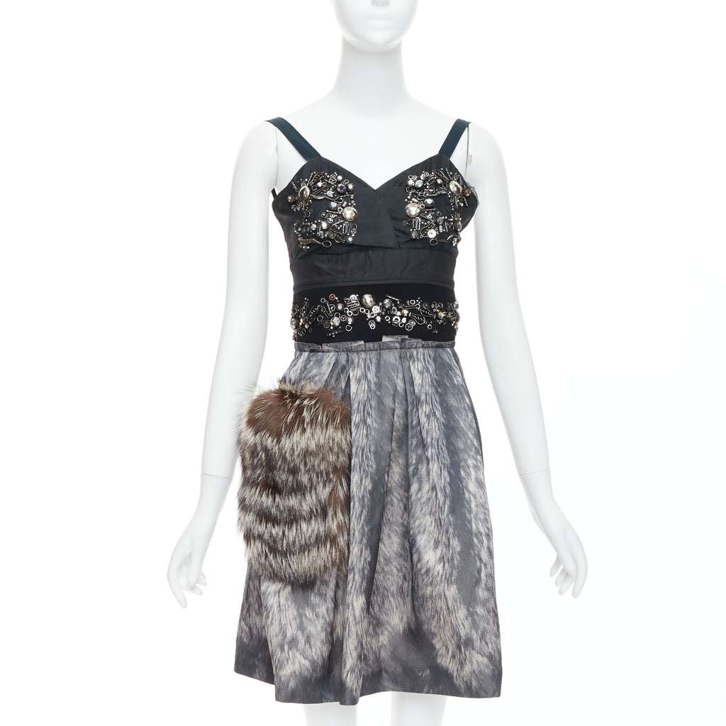 Prada Fur Bolts Dress Grey Fair - Front View