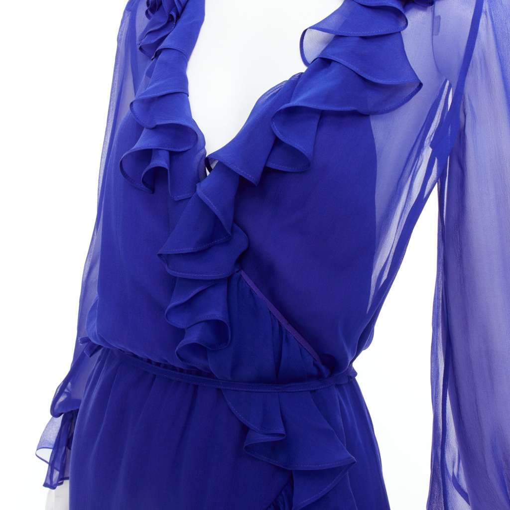 Saint Laurent Ruffle Wrap Dress Blue Silk Very good condition - Back View