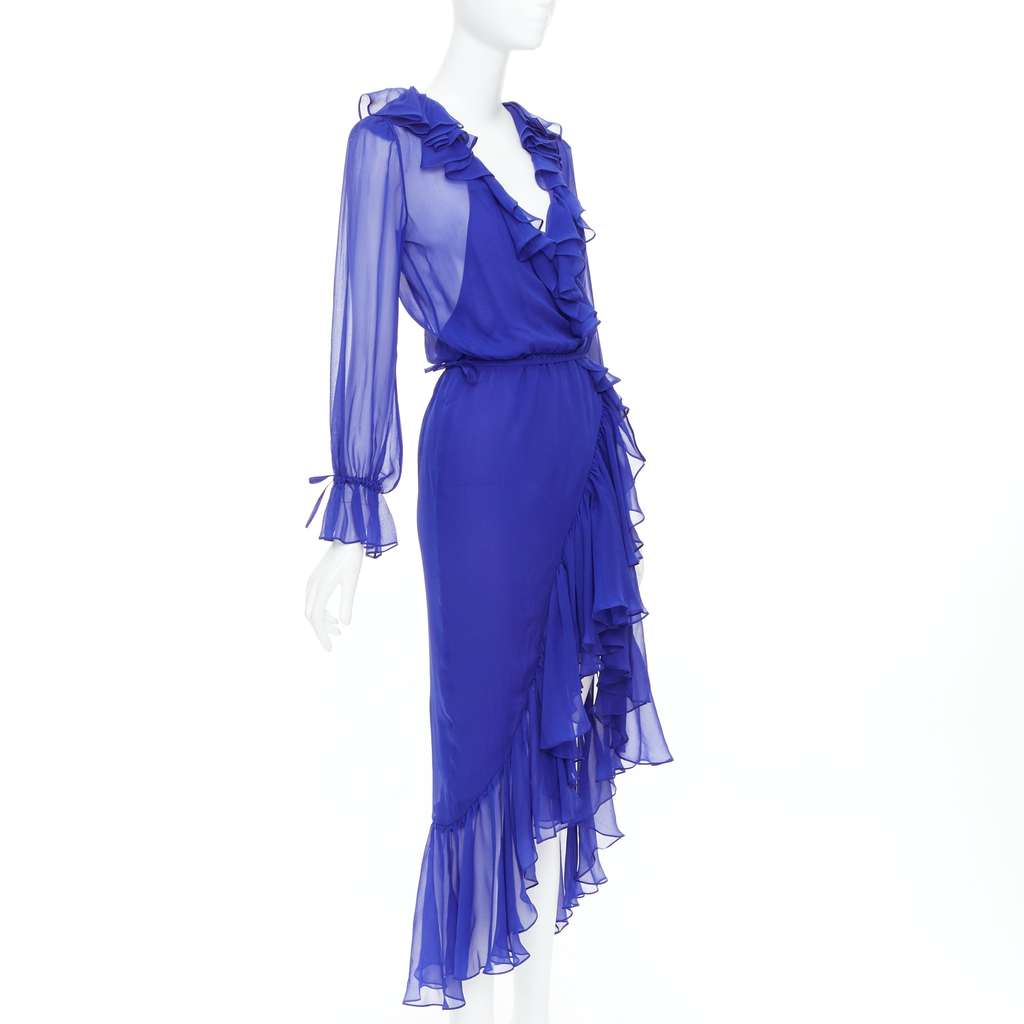Saint Laurent Ruffle Wrap Dress Blue Silk Very good condition - Inside View