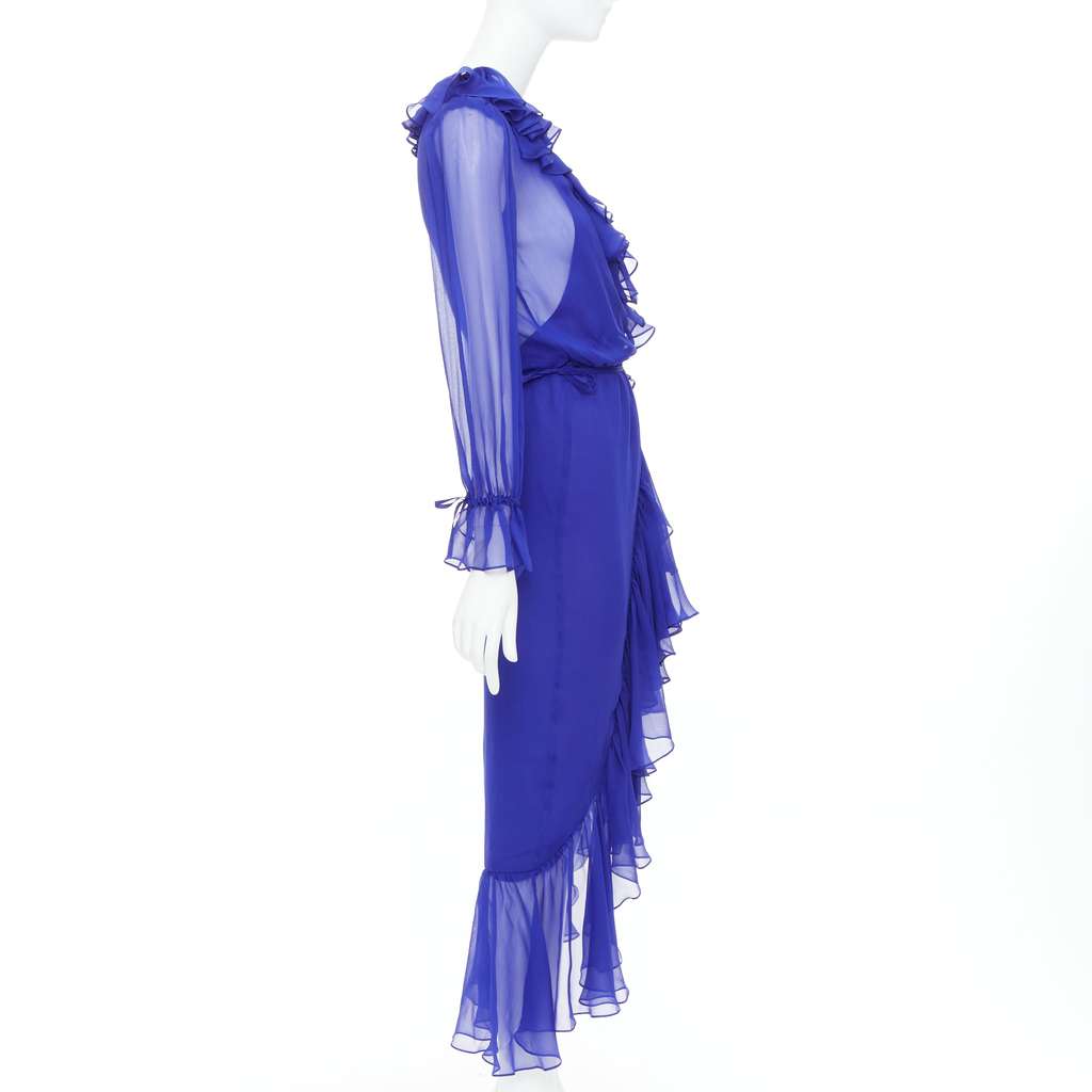 Saint Laurent Ruffle Wrap Dress Blue Silk Very good condition - Model View