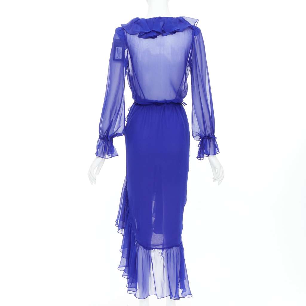 Saint Laurent Ruffle Wrap Dress Blue Silk Very good condition - Box View