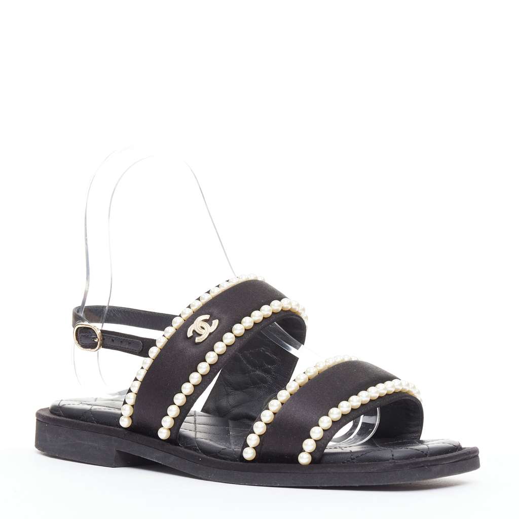 Chanel Pearl Dad Sandals Black Silk Very good - Inside View