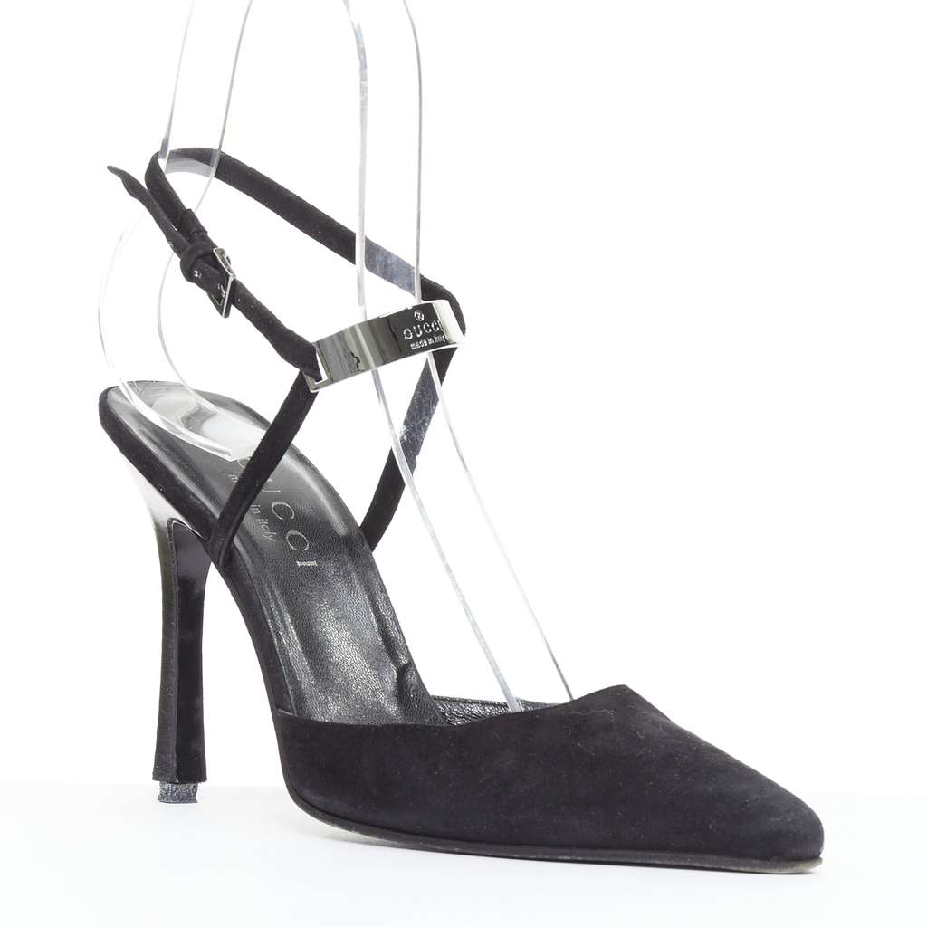 Gucci Metal ID Slingbacks Black Suede Good - Front View