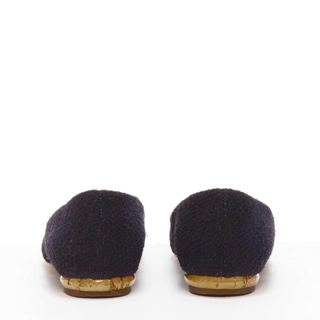 Chanel Gold Embroidery Pointy Flats Black Tweed Very good - Box View