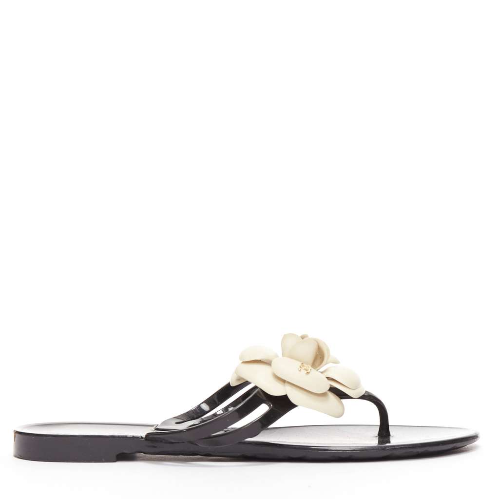 Chanel Camellia Thong Slippers Black Rubber Fair condition - Back View
