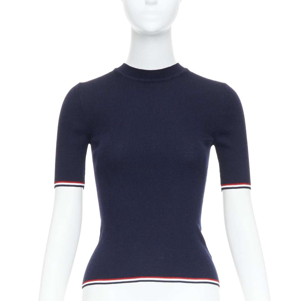 Thom Browne Pointelle-Knit T-Shirt Navy Wool Very good - Front View