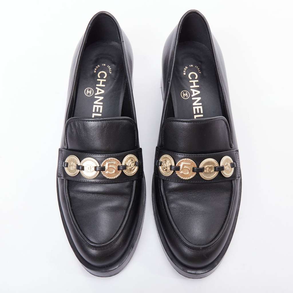 Chanel Coin Embellished Loafers Black Leather Good - Back View