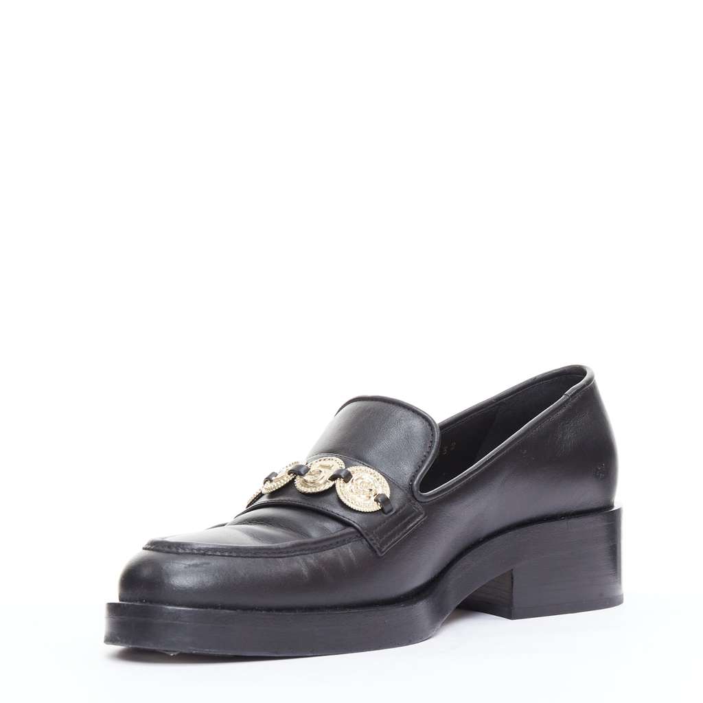 Chanel Coin Embellished Loafers Black Leather Good - Model View