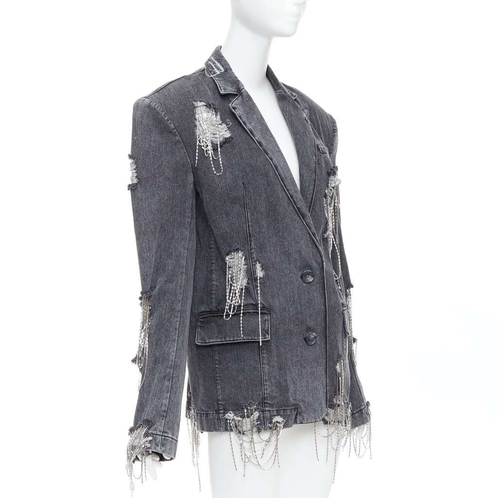 Unsigned Beaded Chain Blazer Grey Cotton Very good - Model View
