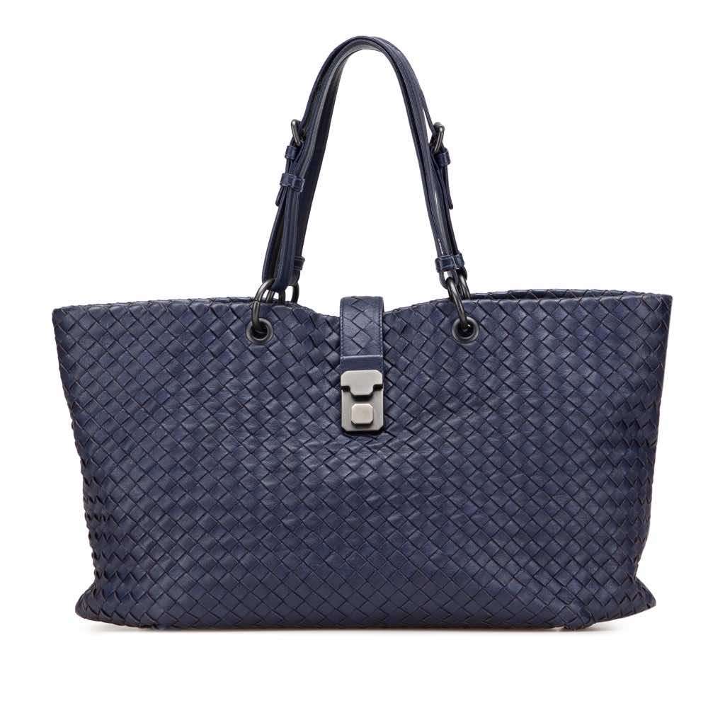 Bottega Veneta Medium Nappa Intrecciato Roma Tote Blue Leather Good - Front View