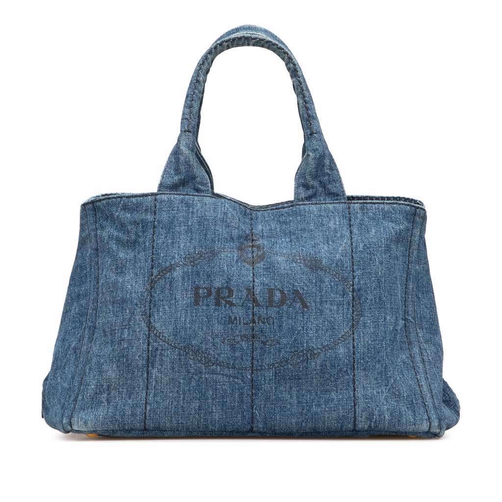 Prada Denim Canapa Logo Satchel Blue Good - Front View