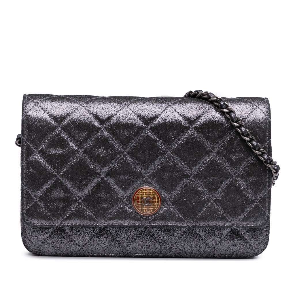 Chanel Quilted Iridescent Lambskin Tartan Button Wallet On Chain Silver Leather Very good - Front View