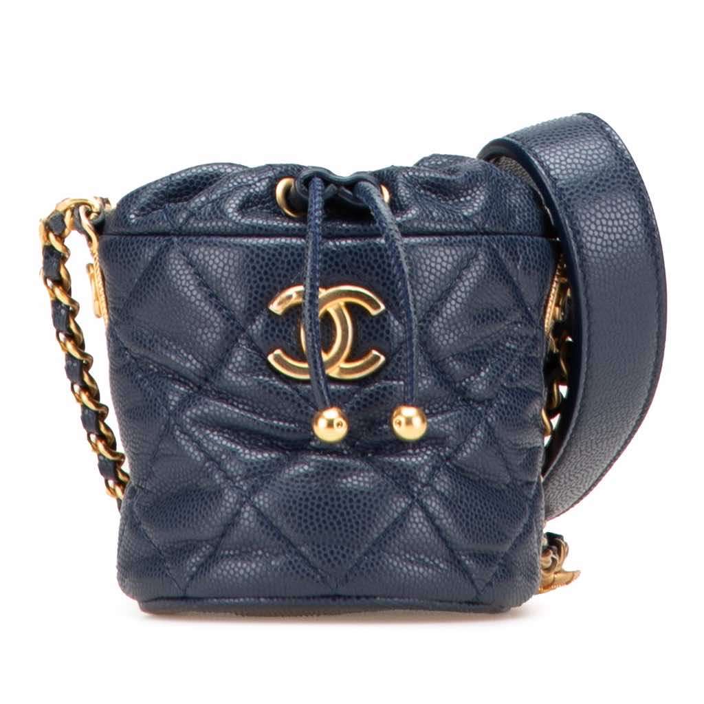Chanel Mini Quilted Caviar Medallion Charms Drawstring Bucket Bag Blue Leather Very good - Front View