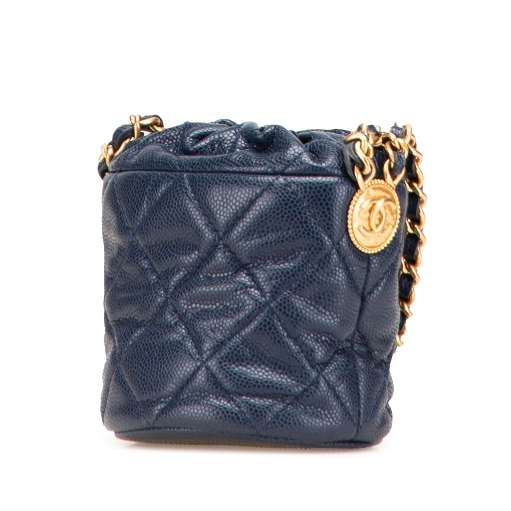 Chanel Mini Quilted Caviar Medallion Charms Drawstring Bucket Bag Blue Leather Very good - Back View