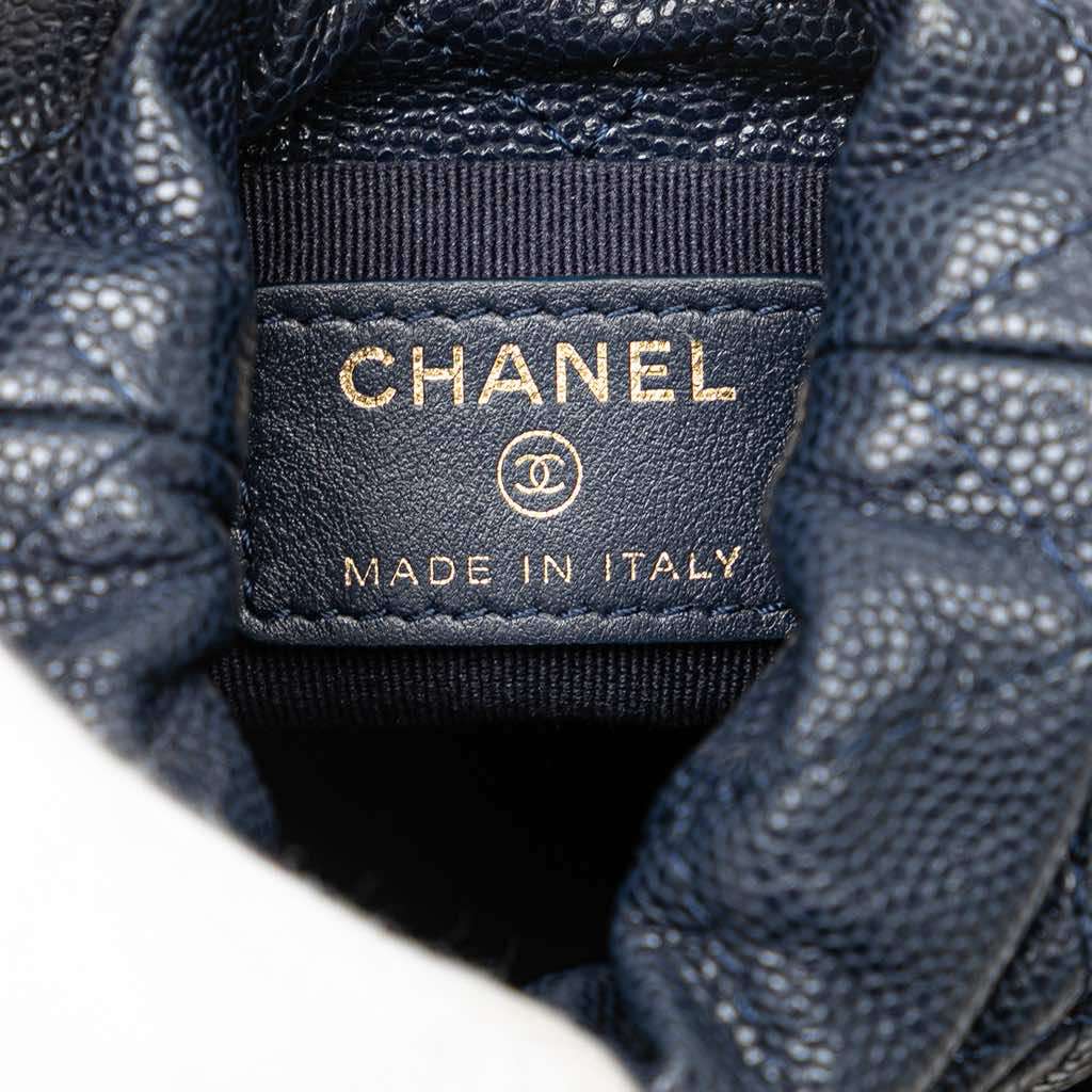 Chanel Mini Quilted Caviar Medallion Charms Drawstring Bucket Bag Blue Leather Very good - Box View