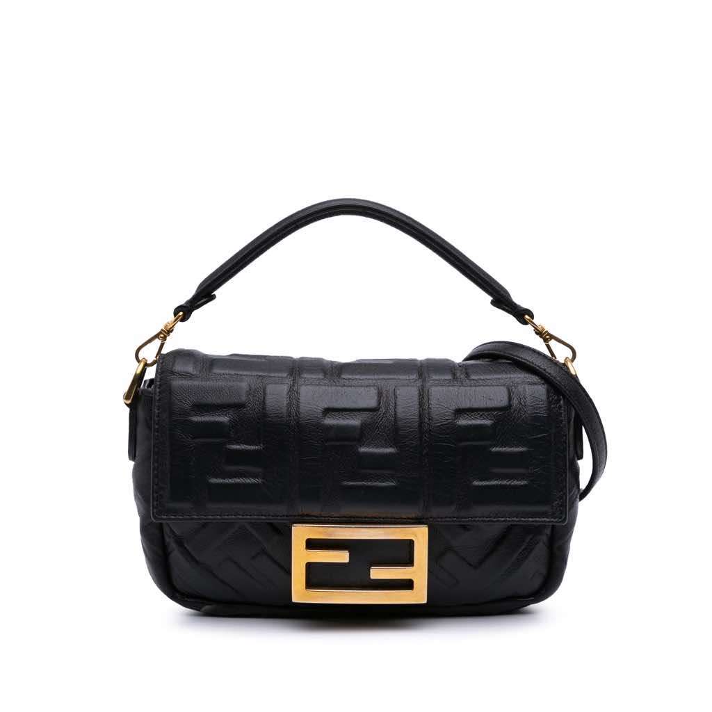 Fendi Mini Zucca Embossed Leather Baguette Satchel Black Leather Good - Front View