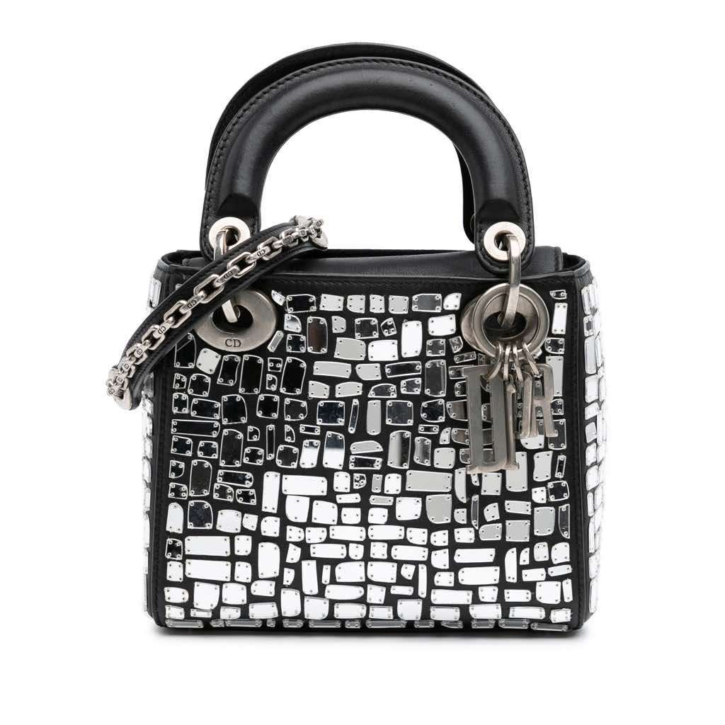 Dior Mini Smooth Calfskin Embroidered Mosaic of Mirrors Lady Dior Black Leather Good - Front View