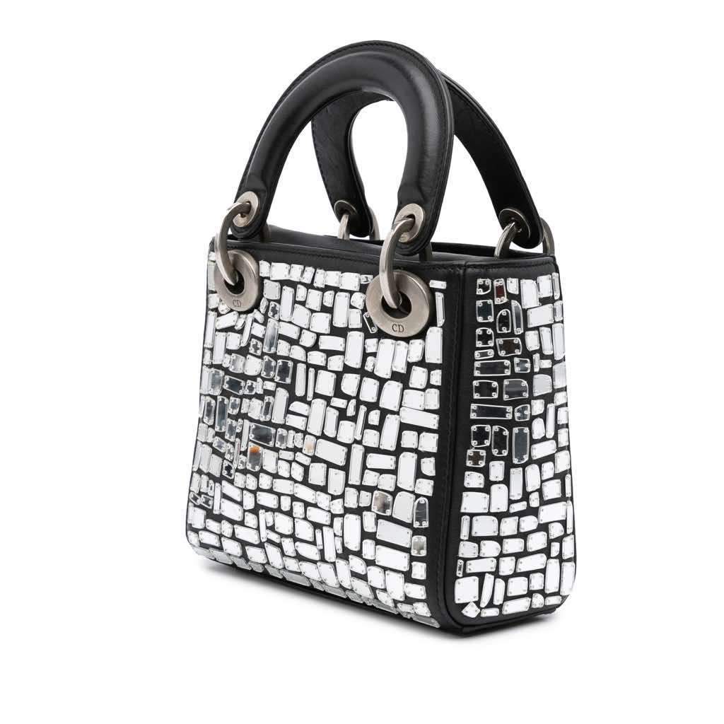 Dior Mini Smooth Calfskin Embroidered Mosaic of Mirrors Lady Dior Black Leather Good - Back View
