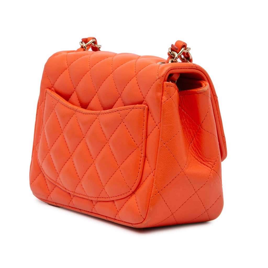 Chanel Mini Square Classic Lambskin Single Flap Orange Leather Good - Back View