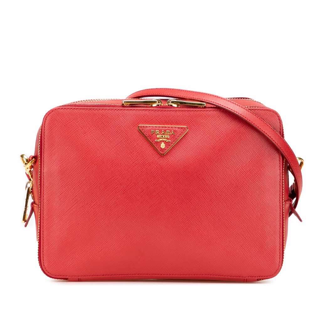 Prada Saffiano Double Zip Crossbody Red Leather Very good - Front View