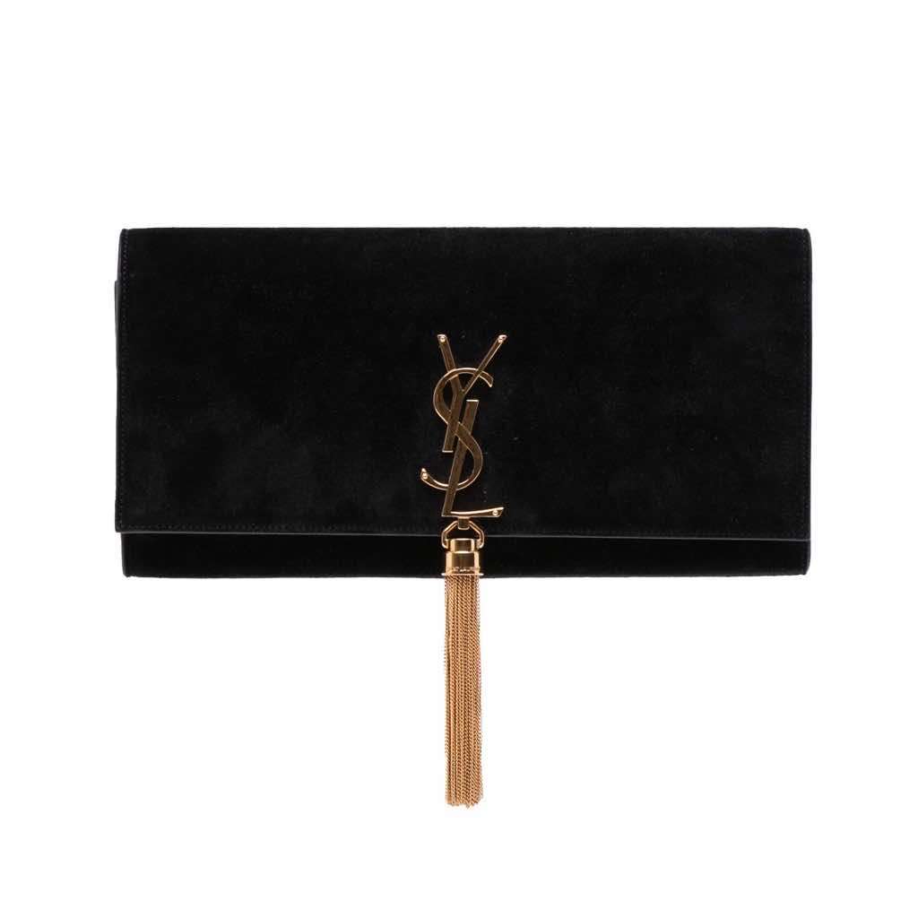 Saint Laurent Suede Classic Monogram Cassandre Tassel Clutch Black Leather Good - Front View