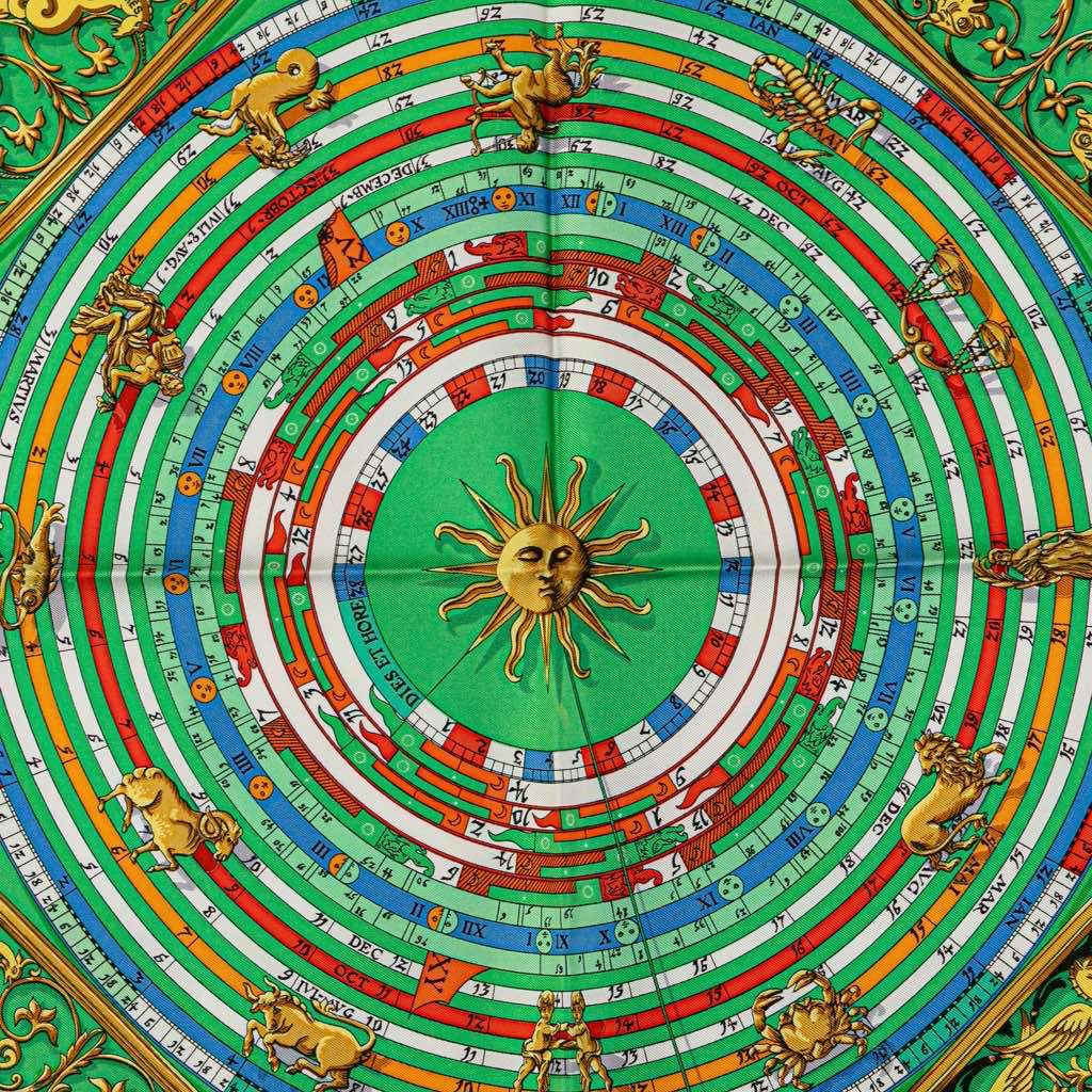 Hermès Astrologie Dies et Hore Silk Scarf Green Silk Good condition - Back View