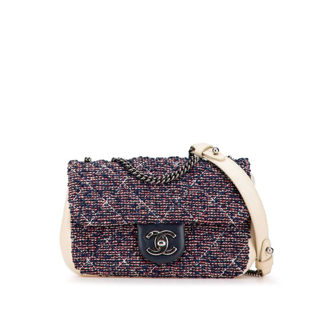 Chanel Mini Rectangular Tweed Single Flap Blue Tweed Very good - Front View