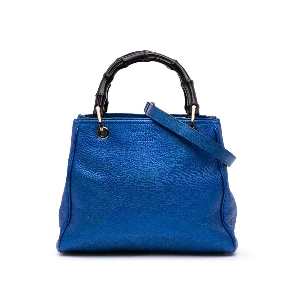 Gucci Small Metallic Calfskin Bamboo Shopper Satchel Blue Leather Good - Front View