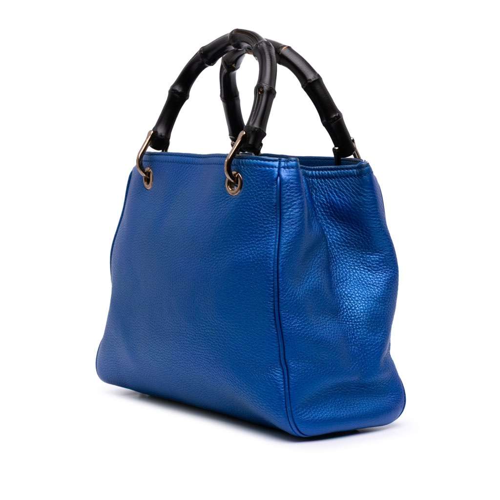 Gucci Small Metallic Calfskin Bamboo Shopper Satchel Blue Leather Good - Back View