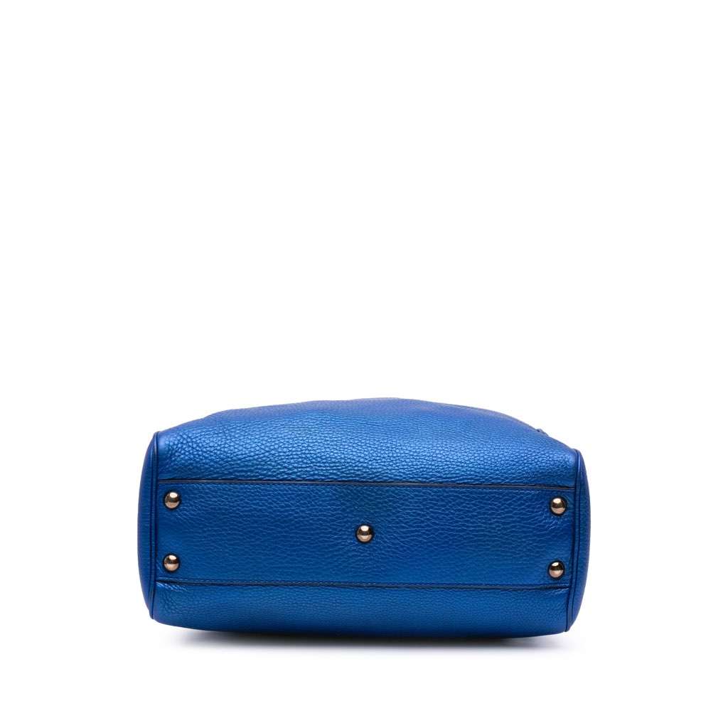 Gucci Small Metallic Calfskin Bamboo Shopper Satchel Blue Leather Good - Inside View