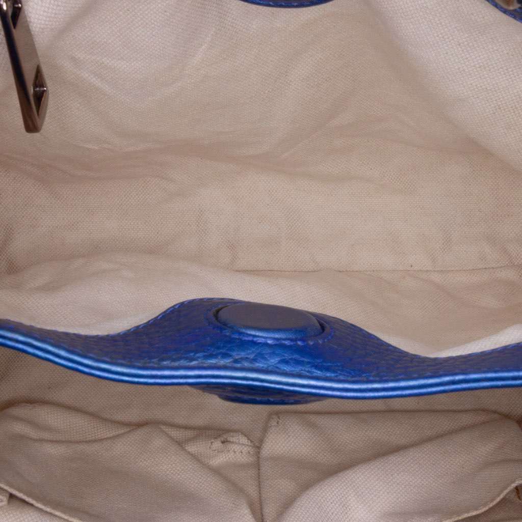 Gucci Small Metallic Calfskin Bamboo Shopper Satchel Blue Leather Good - Model View