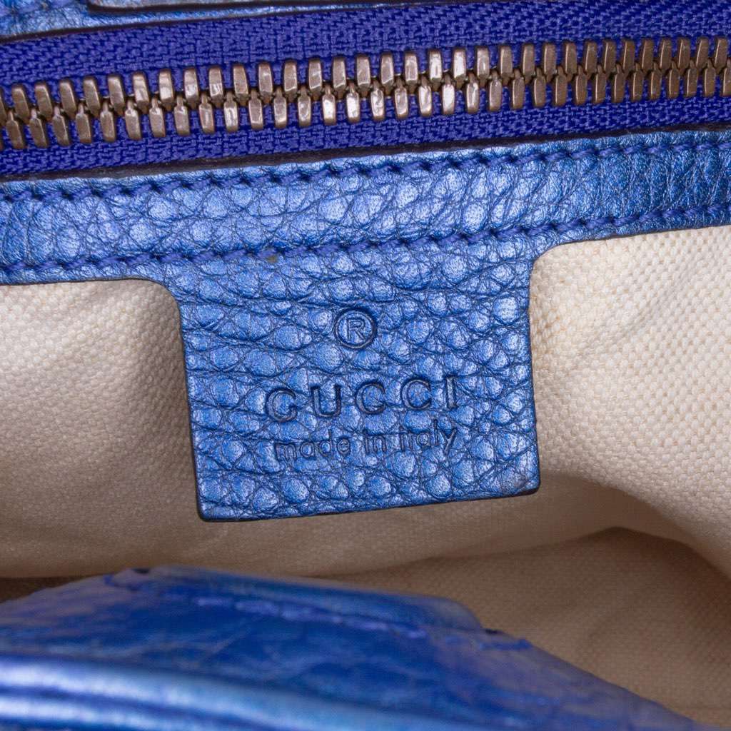 Gucci Small Metallic Calfskin Bamboo Shopper Satchel Blue Leather Good - Box View