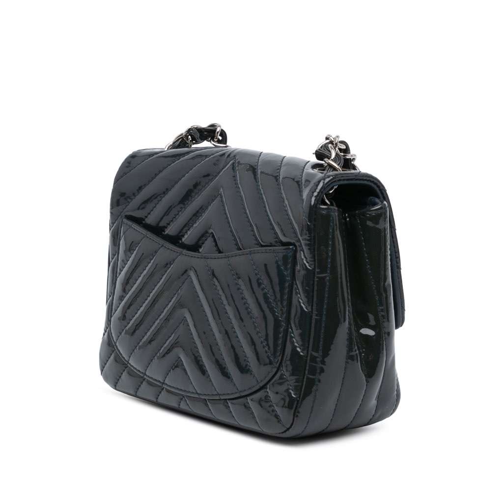 Chanel Mini Square Classic Chevron Patent Flap Blue Leather Very good - Back View