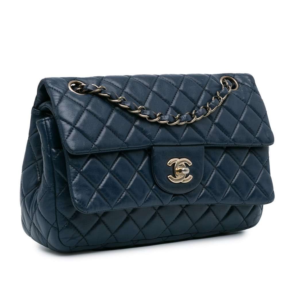 Chanel CC Quilted Lambskin Double Flap Blue Leather Good - Back View