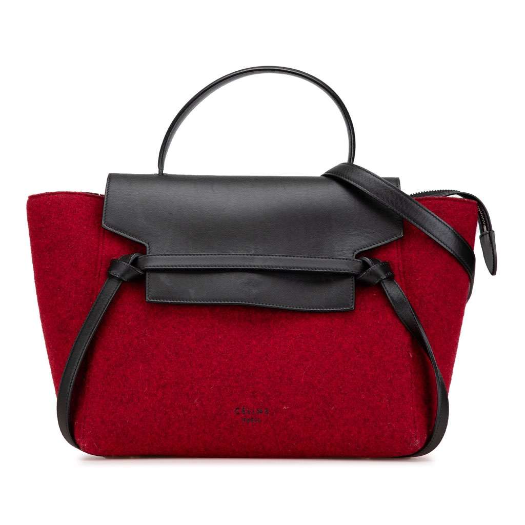 Celine Mini Felt and Calfskin Belt Satchel Red Wool Very good - Front View
