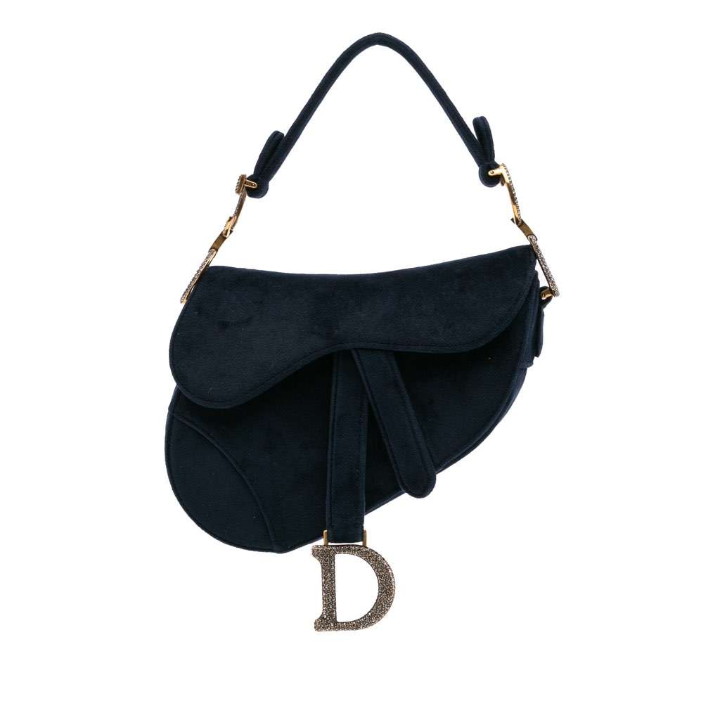 Dior Mini Velvet Crystal Embellished Saddle Bag Blue Velvet Good - Front View