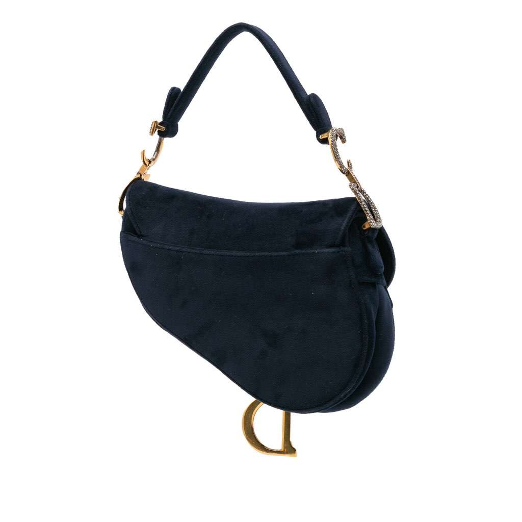 Dior Mini Velvet Crystal Embellished Saddle Bag Blue Velvet Good - Back View