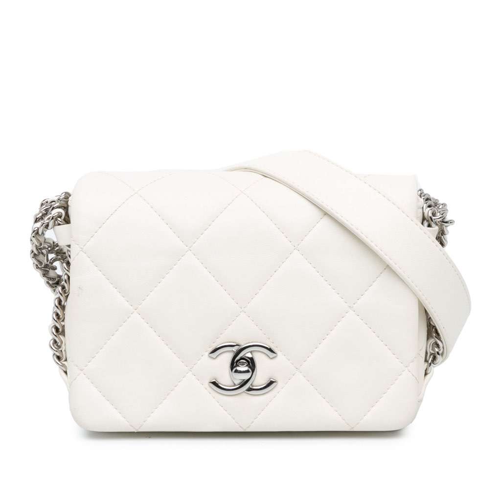 Chanel Mini Quilted Lambskin Chain Rows Flap White Leather Very good - Front View