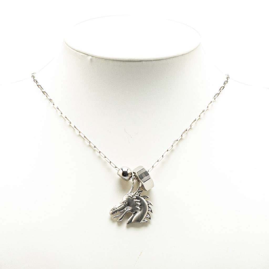 Hermès Palladium Plated Talismans Dragon H Pendant Necklace Silver Metal Good condition - Model View