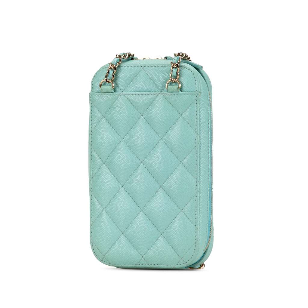 Chanel CC Quilted Caviar Zip Phone Case Blue Leather Very good - Back View