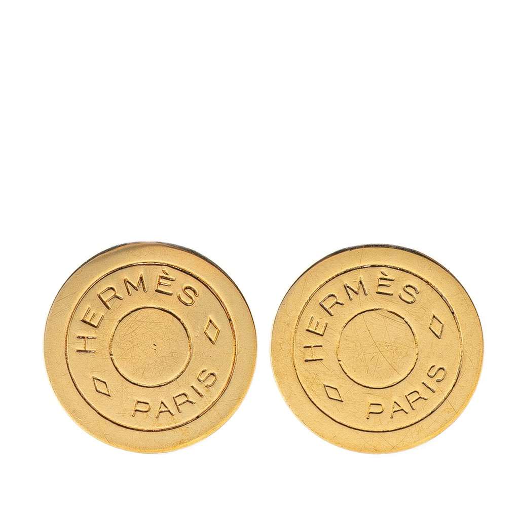 Hermès Gold Plated Bijouterie Fantaisie Clou De Selle Clip On Earrings Gold Metal Good condition - Front View