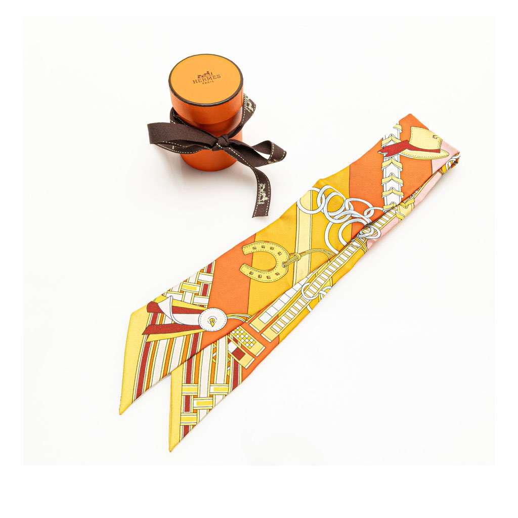 Hermès Brides et Gris-Gris Silk Twilly Scarf Orange Silk Good condition - Box View