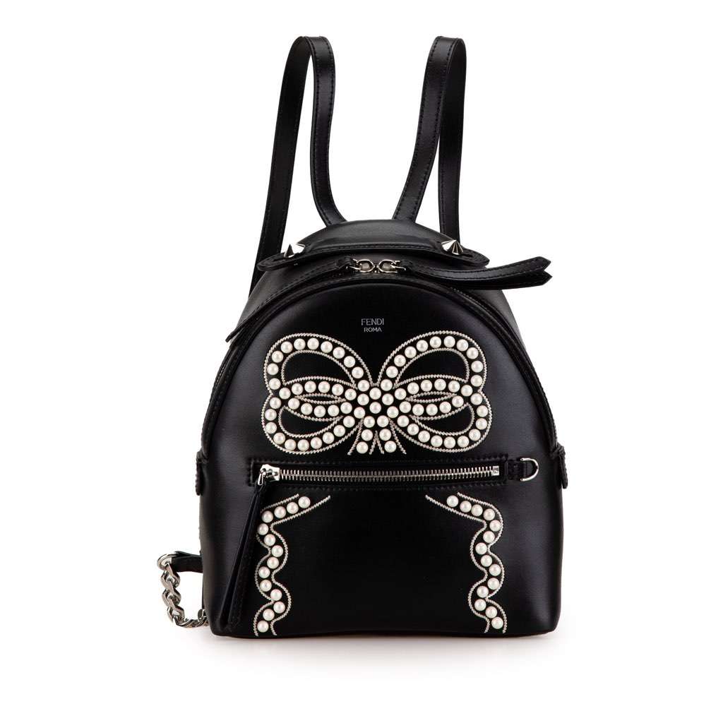 Fendi Mini By The Way Leather Ribbon Pearl Backpack Black Leather Very good - Front View