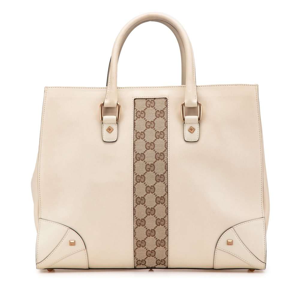 Gucci Calfskin and GG Canvas Nailhead Tote White Leather Good - Front View