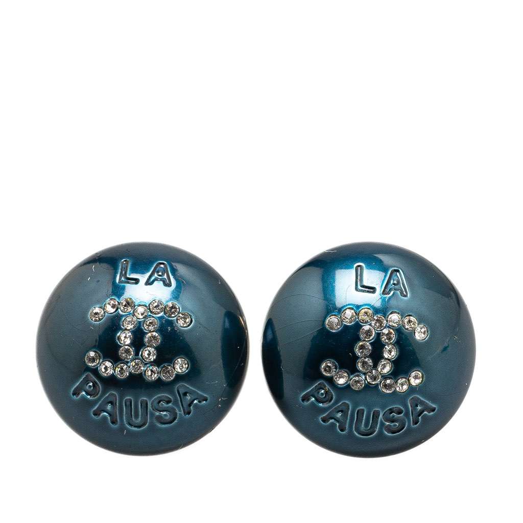 Chanel Resin CC La Pausa CC Crystal Push Back Earrings Blue Good - Front View