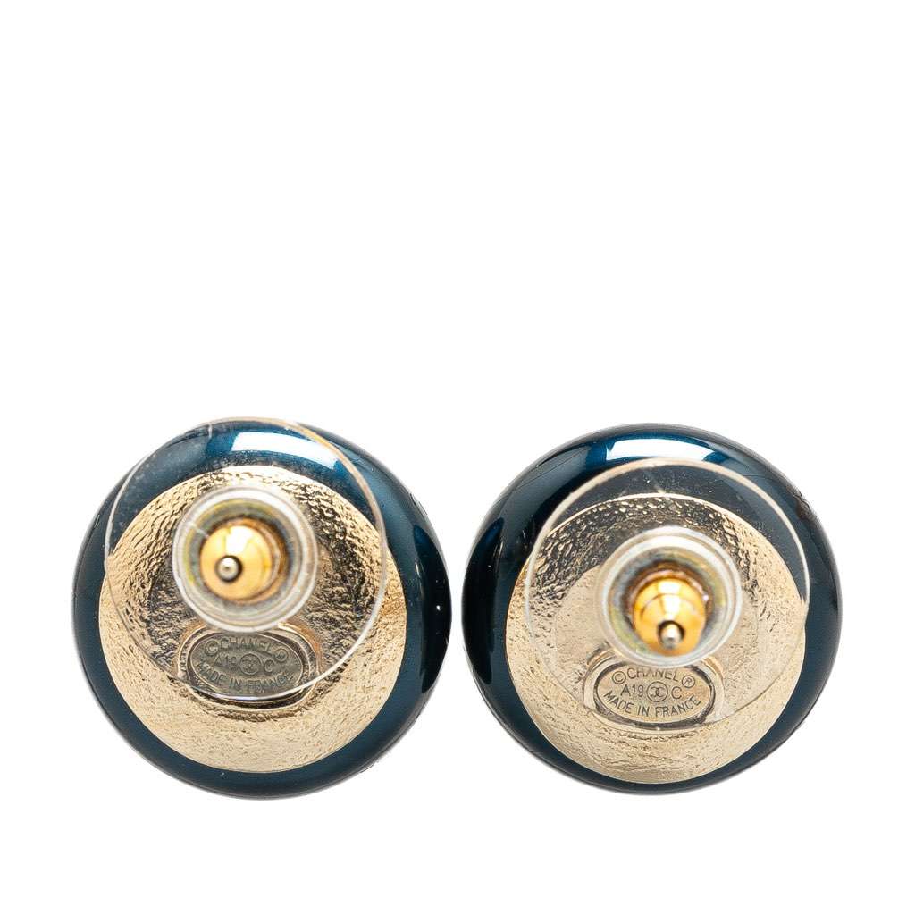 Chanel Resin CC La Pausa CC Crystal Push Back Earrings Blue Good - Back View