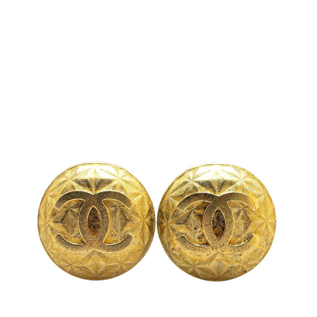 Chanel Gold Plated CC Round Clip on Earrings Gold Metal Good - Front View