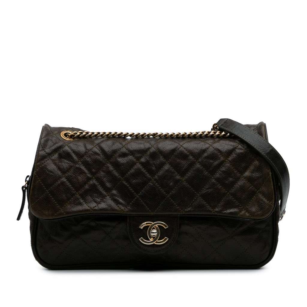 Chanel Large Quilted Glazed Caviar Shiva Flap Brown Leather Good - Front View