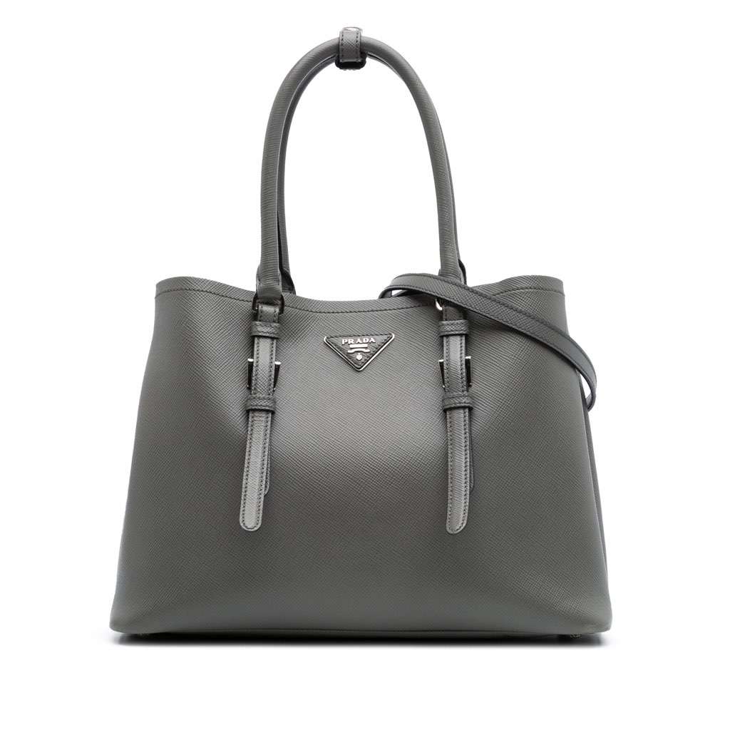 Prada Medium Saffiano Cuir Double Satchel Grey Leather Good - Front View